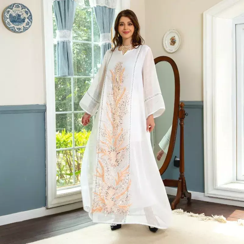 Ozdobiony koralikami sukienka muzułmańska Kaftan saudyjski strój koronkowy Trend cekinowy damski szlafrok Abaya islamska odzież haftować suknię Jalabiya Kaftan