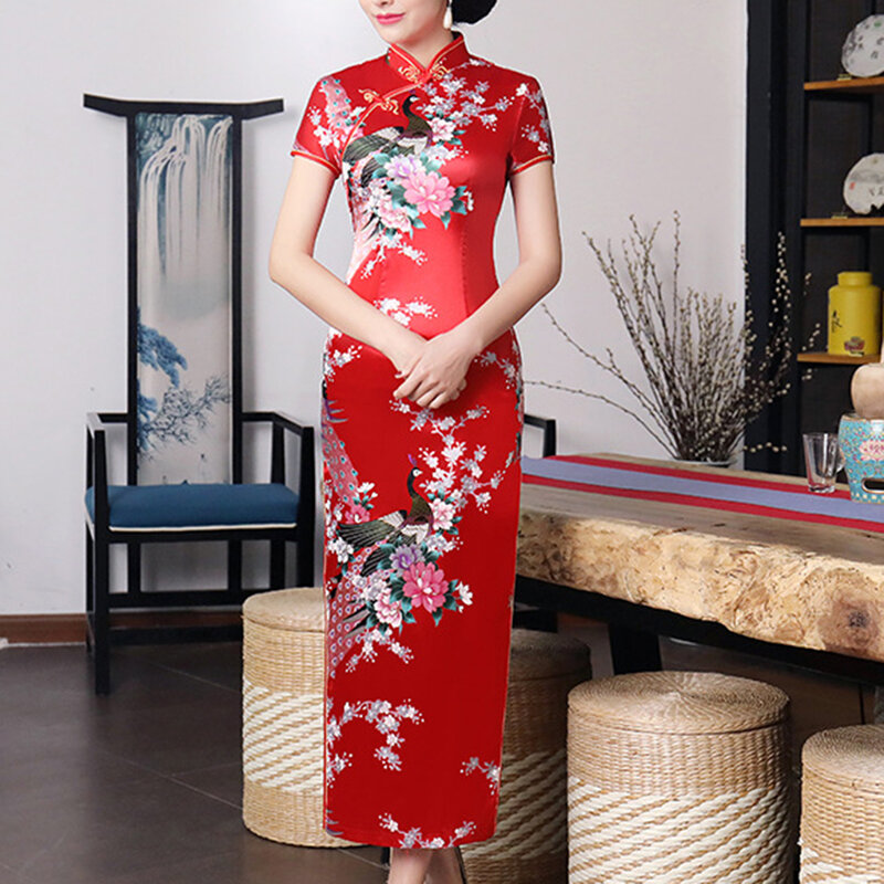Swobodny wiosenny satynowa sukienka na zakupy chiński Cheongsam nadruk w jednolitym kolorze 1 szt. Bez elastyczności poliester damski