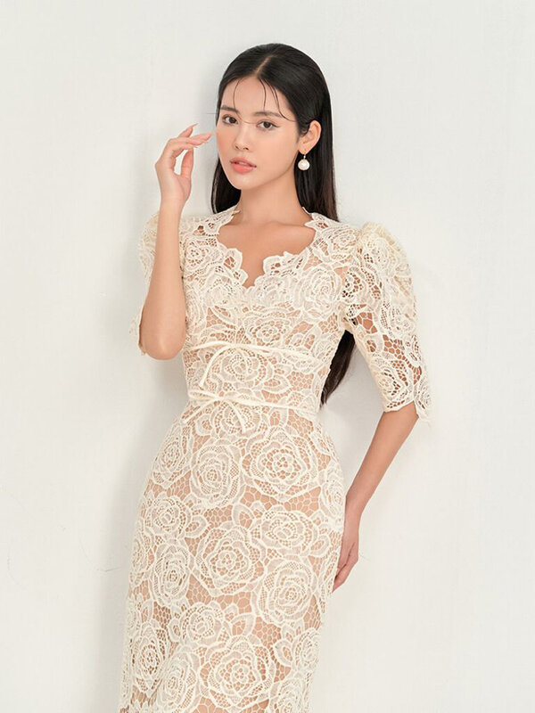 DEAT Elegant Dress Embroidery Hollow Out Lace Wavy Edge A-line Slim Women's Evening Party Dresses 2024 Spring New Fashion 35Z278