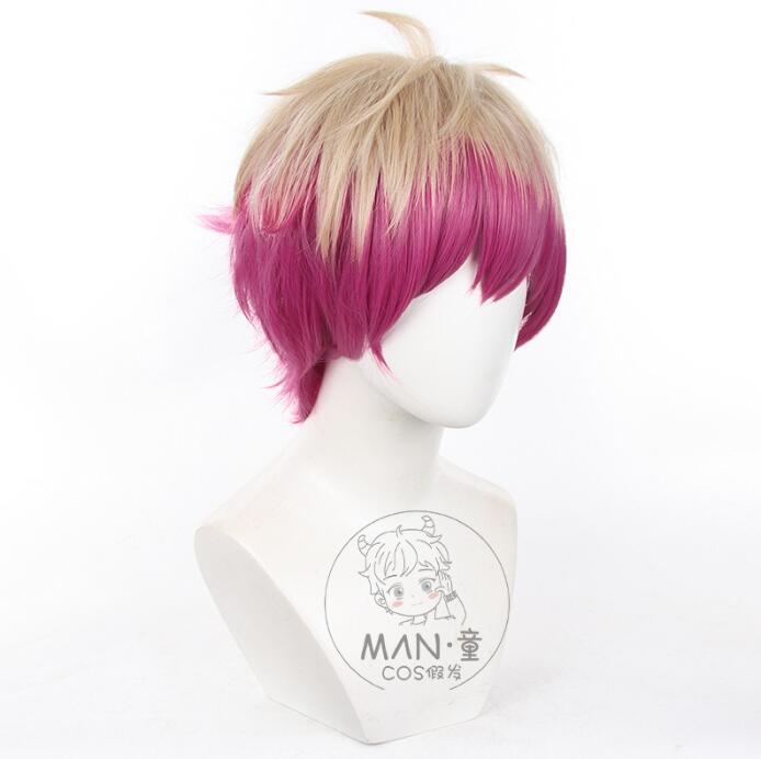Men Wigs Synthetic Short Straight Linen Rose Red Anime Cosplay Hair Heat Resistant Wig for Party