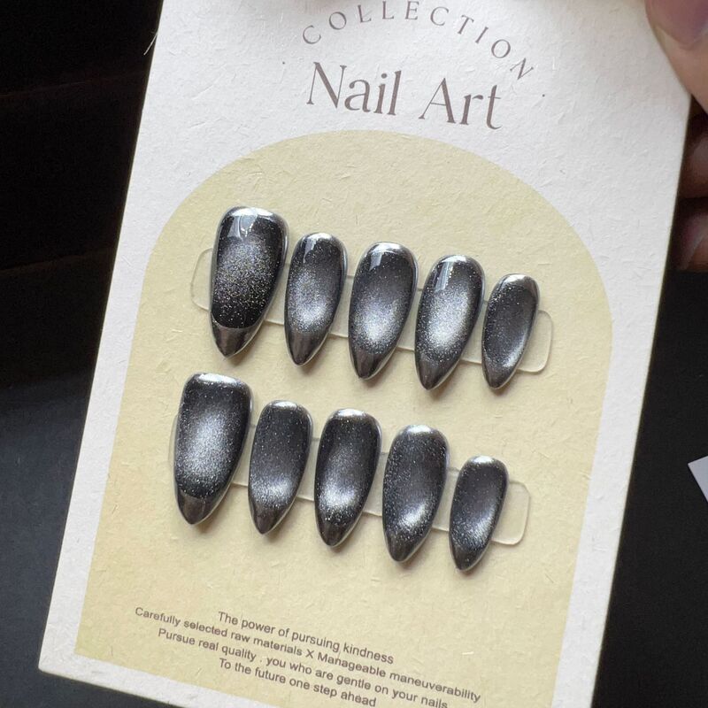 Uñas postizas hechas a mano de almendra negra, 10 piezas, cobertura completa, diseño de flor de perla, manicura Artificial, usable