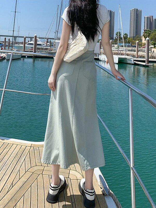 GUUZYUVIZ – jupe sirène en jean pour femmes, taille haute, décontractée, avec poches, mode coréenne, été