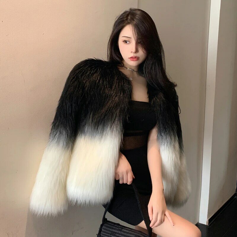 2023 New Winter Faux Fur Coat Women Contrast Color Long Sleeves Thick Warm Faux Fur Coats Fashion Lady
