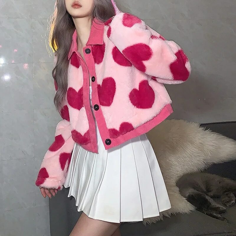 女性のための対照的なルーズカジュアルコート,プレッピースタイルのカーディガン,ピンクのハートジャケット,韓国のファッション,秋冬