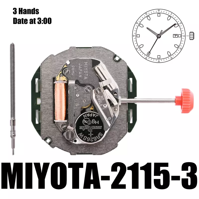Miyota 2115日本のクォーツムーブメント時計、時計部品、修理アクセサリー、日付ディスプレイ、カレンダー、日本の動き、2115-3