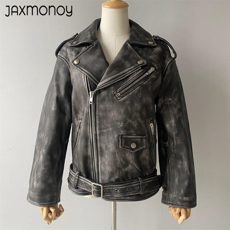 Jaxmonoy แจ็คเก็ตหนังแท้พร้อมเข็มขัดสำหรับผู้หญิง, เสื้อโค้ทหนังแกะ2023ใหม่ Moto BIKER ซิปแจ็คเก็ตผู้หญิง