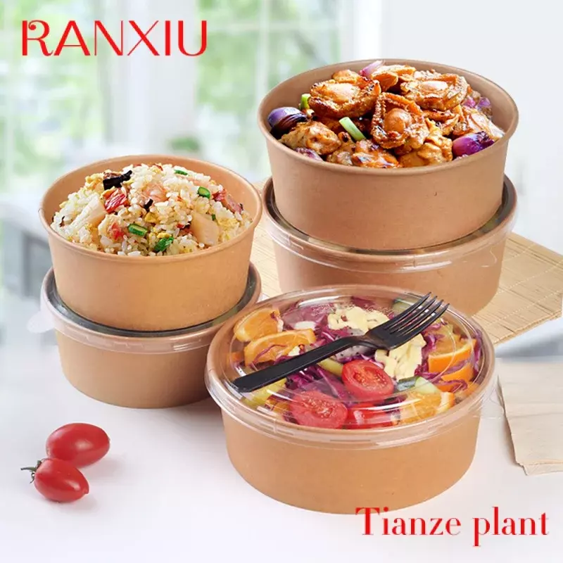 Custom Take Away Paper Container Salad Bowls 500ml 750ml 1000ml 1100ml 1300ml Disposable Kraft Paper Round Bowl For Food Packagi
