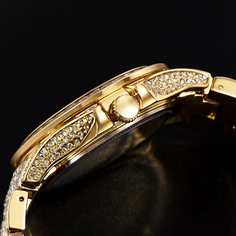 Полностью багет алмаз часы для мужчин Топ Роскошный Золотой нержавеющей стали Автоматическая Дата кварцевые наручные часы хип-хоп ледяные мужские часы
