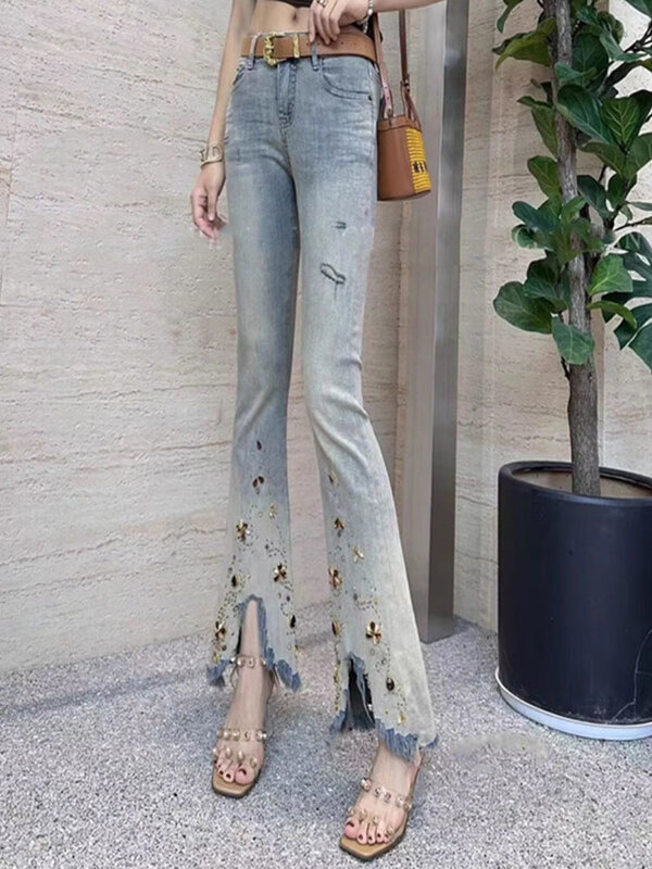 Exquisite Embroidered Tasseled Jeans Women Trousers 2024 Summer New Retro Cotton Stretch Bell-bottoms Pants High Street