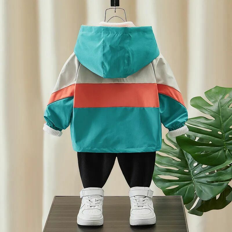 Jaket anak-anak 2023 baru bayi laki-laki mantel bertudung Panel musim semi dan musim gugur mantel atasan Korea kasual jaket