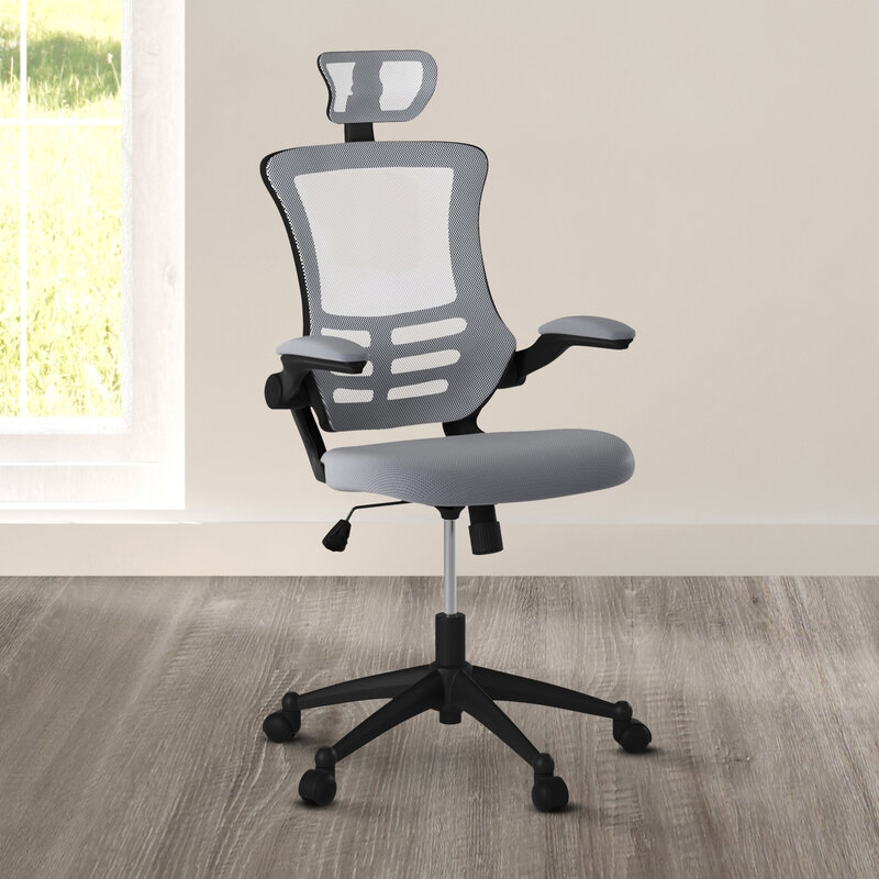 Modern Silver Grey High-Back Mesh Executive Office Chair with Headrest and Flip-Up Arms by Techni Mobili, Stylish and Ergonomic 