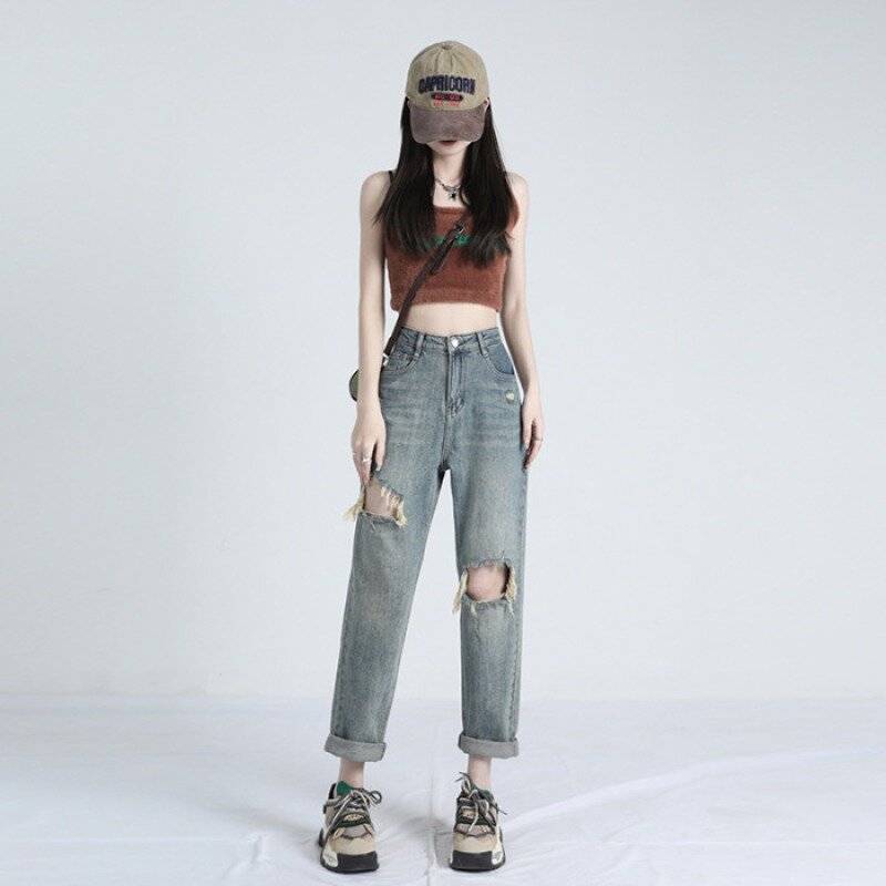 Classic Distressed Jeans for Women High Waist Slim Effect Summer Straight Dad Pants Small Fellow Girls Harlan Hole Denim Pants