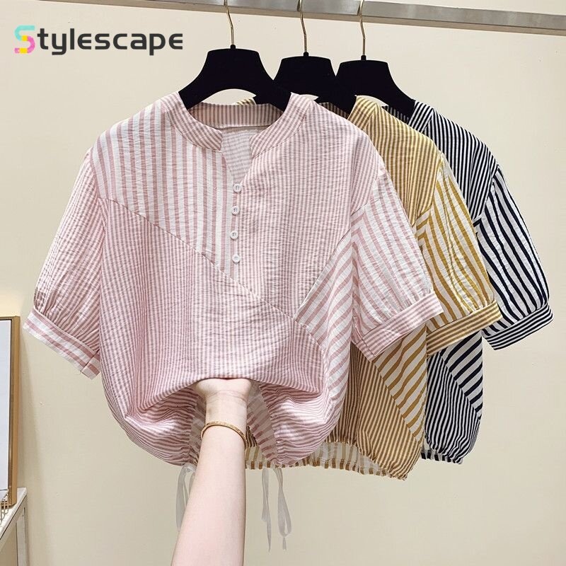 2024 New Korean Irregular Stripe Summer Short Sleeved Shirt Design Sense Stand Up Neck Shirt Thin Style Blouses Shirt for Women