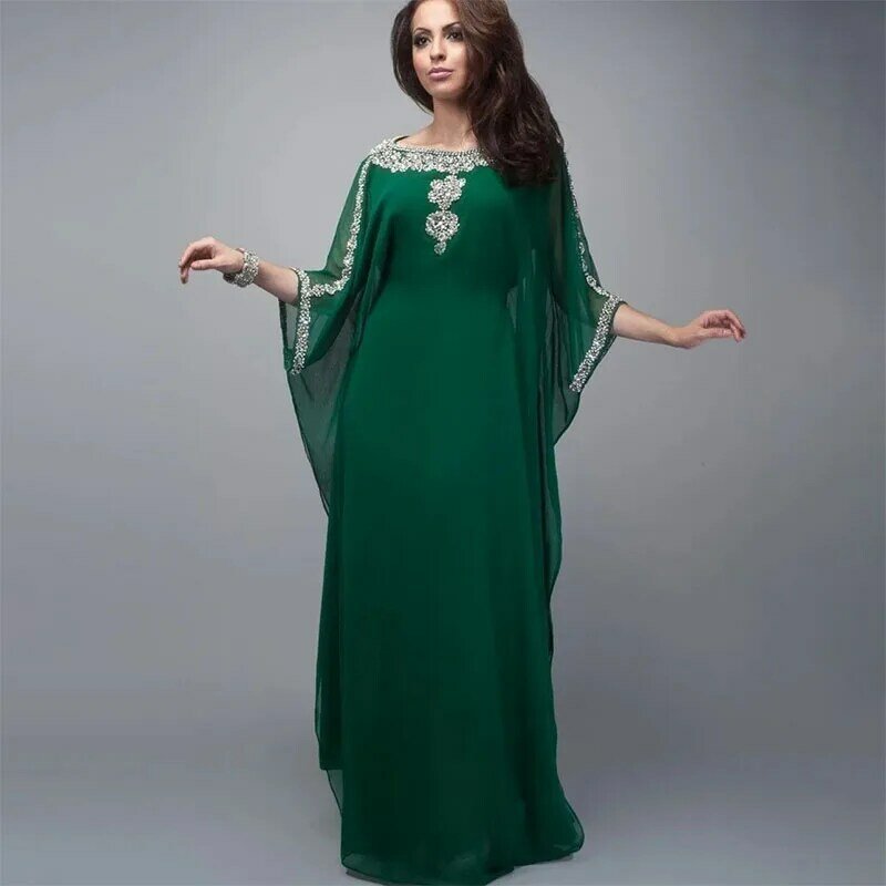 두바이 이슬람 다크 그린 이브닝 드레스, 이슬람 스팽글 구슬 크리스탈, 특별 행사 가운, 아랍어 카프탄 파티 가운