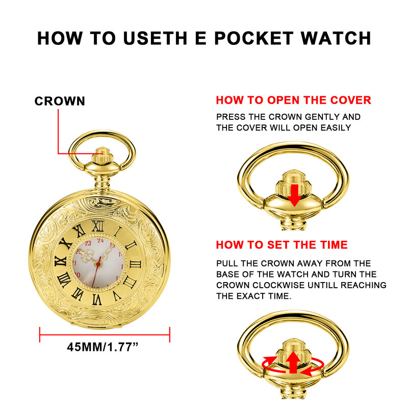 Luksusowy złoty kwarc zegarek kieszonkowy Vintage Roman w skali numerycznej zegarki wiszące dla mężczyzn kobiet prezent