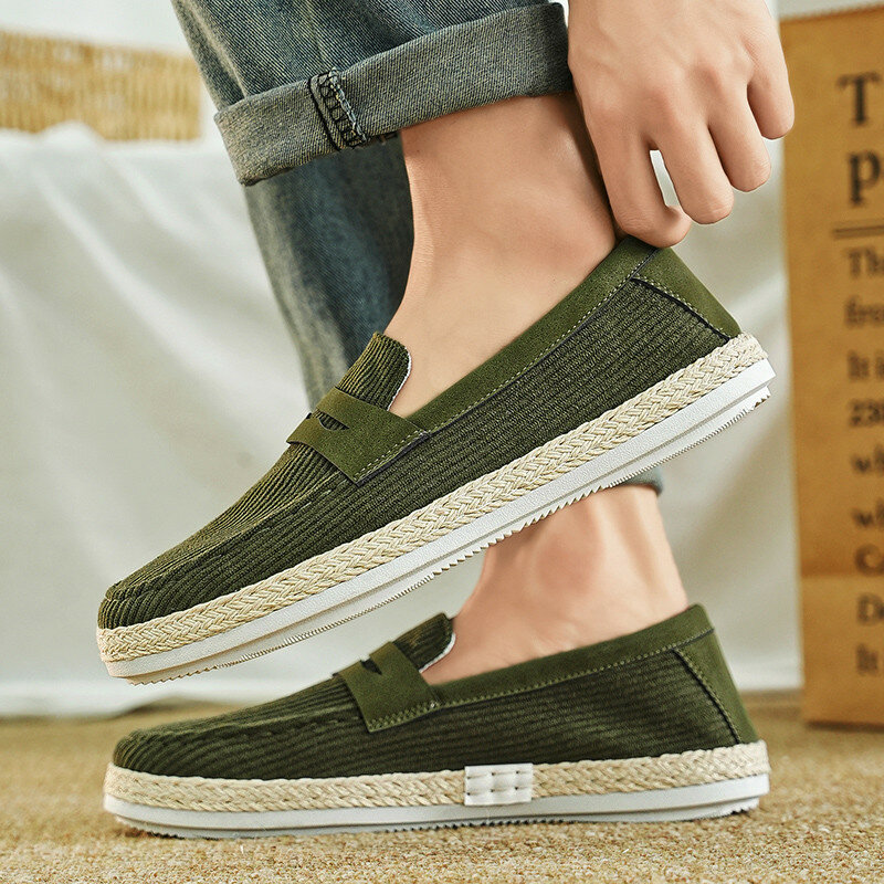 Summer Light Casual Shoes For Men Trendy Comfortable Breathable Corduroy Men's Loafers Fashion Khaki Low-top Slip-on Shoes Man