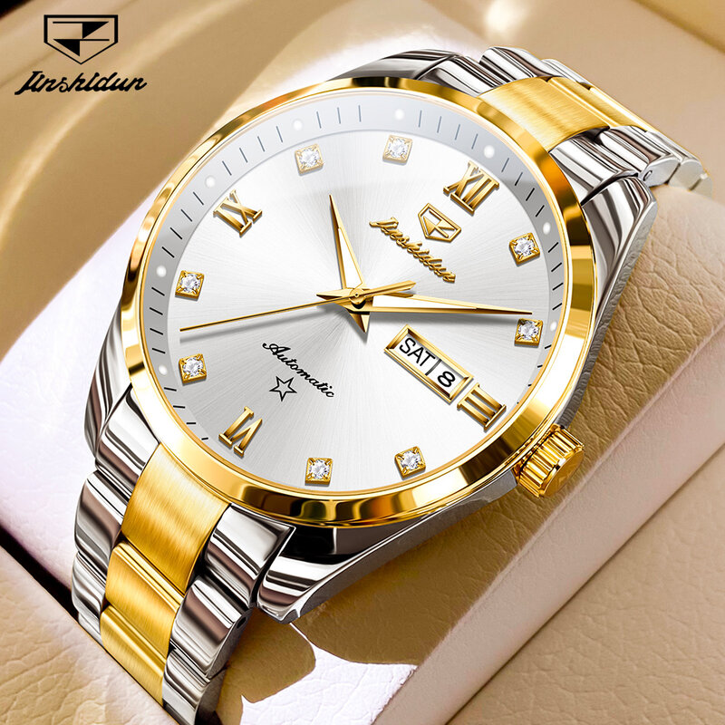 JSDUN luksusowe oryginalne zegarki męskie podwójny kalendarz prostota ze stalowy pasek nierdzewnej w pełni automatyczny zegarek mechaniczny wodoodporny