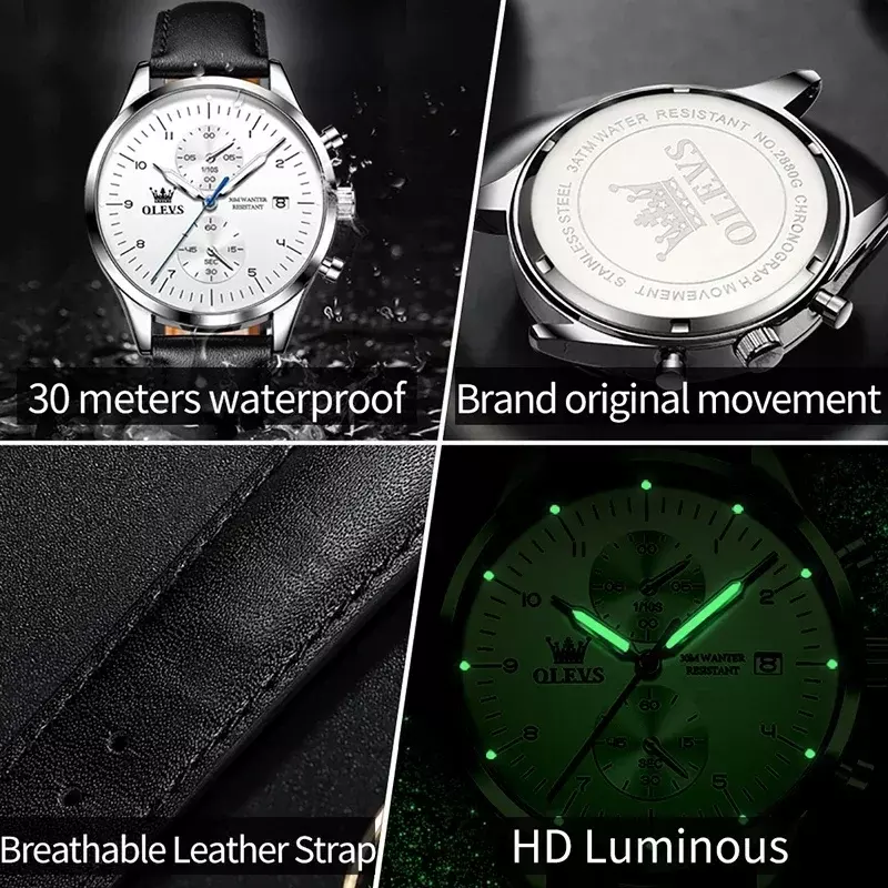 OLEVS-reloj analógico de cuarzo para hombre, accesorio de pulsera resistente al agua con cronógrafo, complemento masculino de marca de lujo con diseño moderno y luminoso