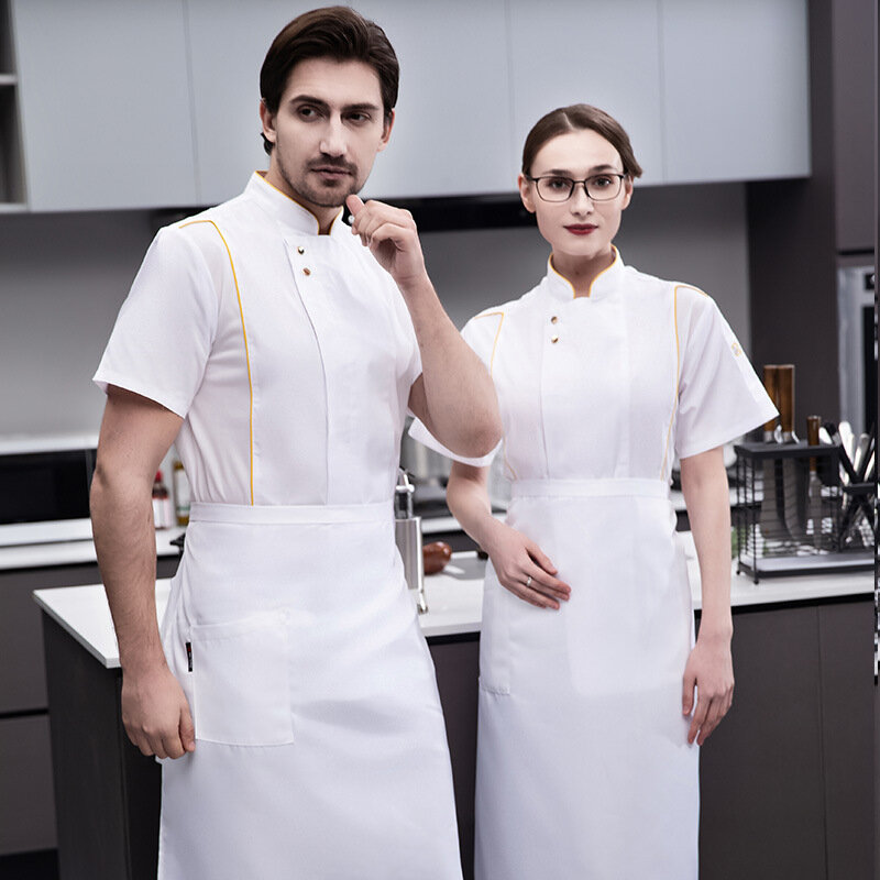 Chinese Style Hotel White Overalls Half Men's Dining Restaurant Kitchen Chef Short Sleeve