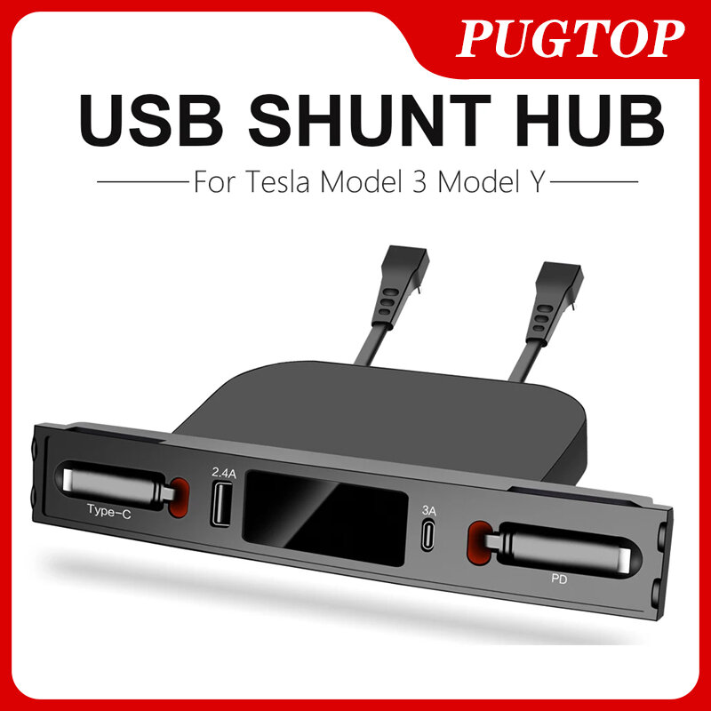 PD 27W USB Shunt Hub For Tesla Model 3 Y Quick Charger Retractable Cables Type C Hub Intelligent Docking Station Car Adapter