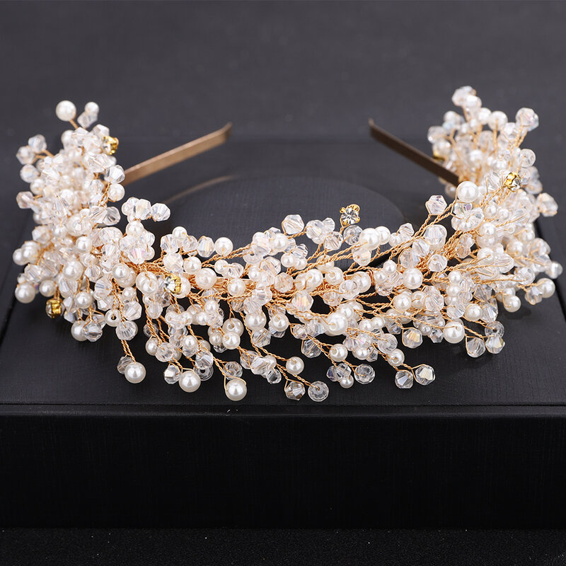 Corona nupcial de cristal de perlas de lujo para mujer, tocados hechos a mano, accesorios para el cabello de fiesta de boda, diadema de diamantes de imitación Vintage, Tiaras