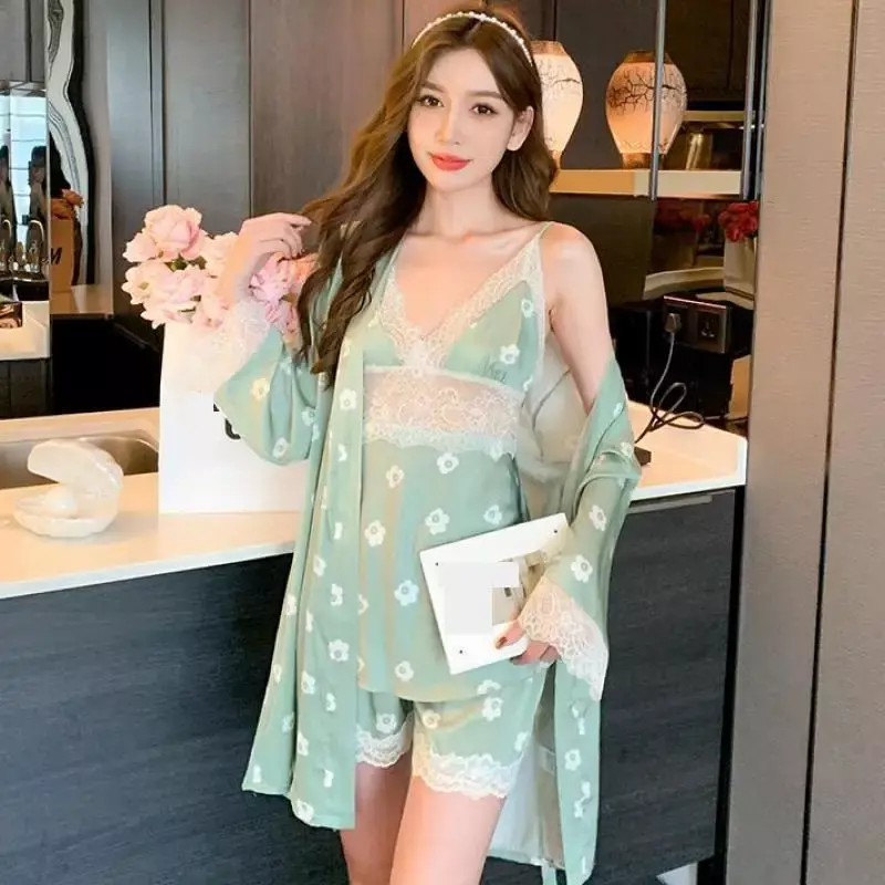 Dames Driedelige Nachtkleding Pyjama Set Lente Zomer Kimono Badjas Top & Short Pijama Pak Sexy Satijnen Huiskleding Lingerie