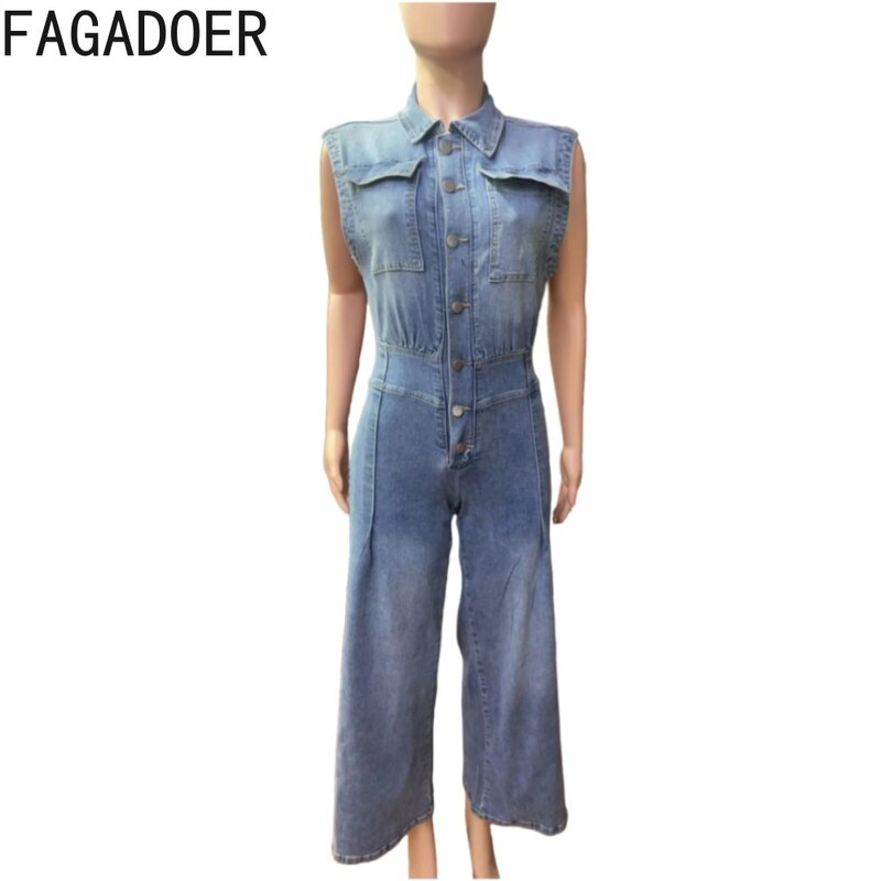 Fagadoer จั๊มสูทผ้ายีนส์กางเกงขาม้าผู้หญิงหรูหรากระดุมคอเสื้อเพลย์สูทแขนกุดชุดเอี๊ยมคาวบอยลำลอง