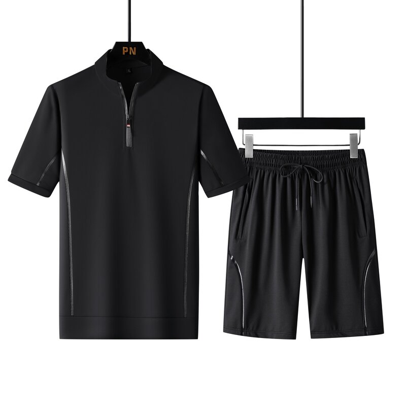 Novo conjunto de treino masculino casual ao ar livre verão masculino solto com decote em v 2 peças conjunto inclui mangas curtas e sweatpants M-5XL