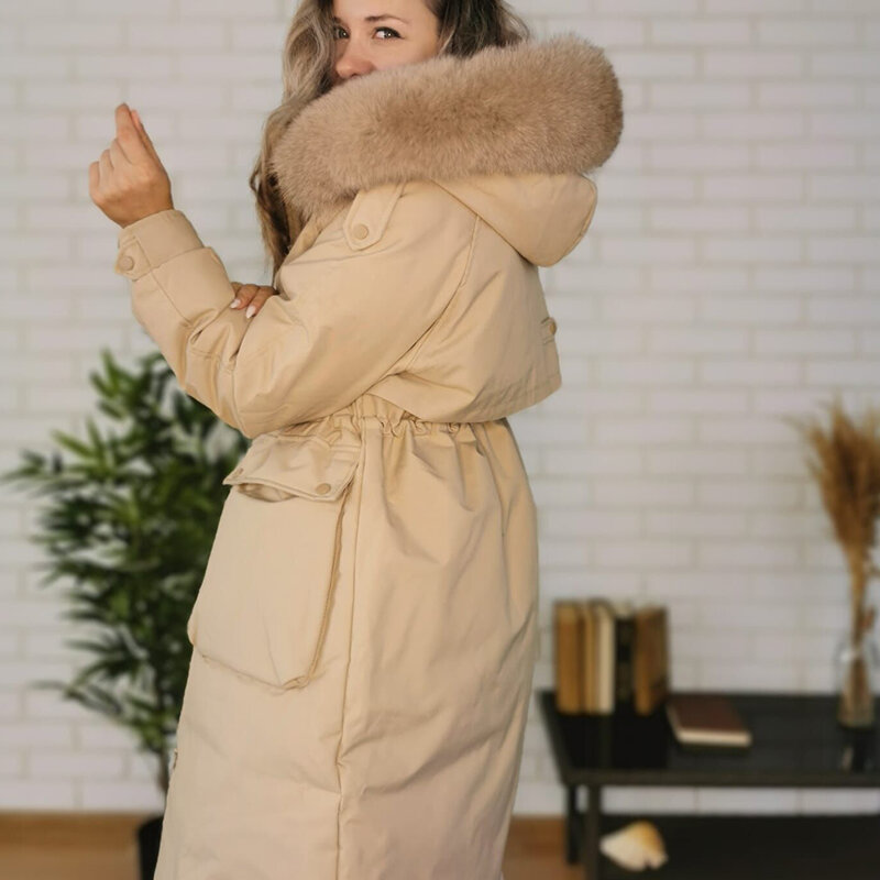 Chaqueta larga con cuello de piel Natural para mujer, parka con capucha, abrigo de plumón de pato blanco, gruesa, ropa de nieve cálida, Invierno
