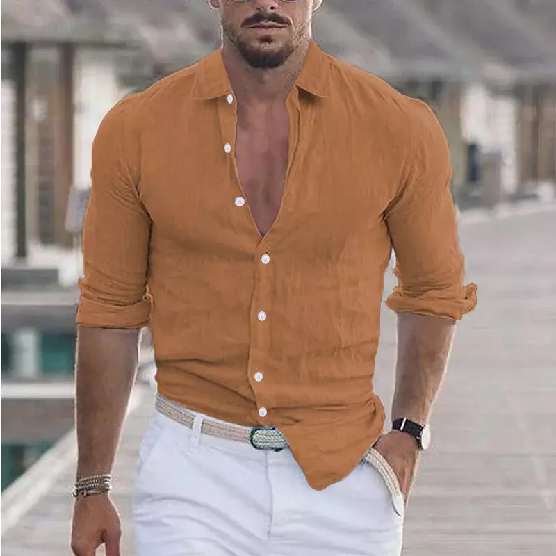 Camisas de linho algodão casual masculina, gola virada para baixo, cor sólida, mangas compridas, estilo solto, plus size, primavera, outono, nova