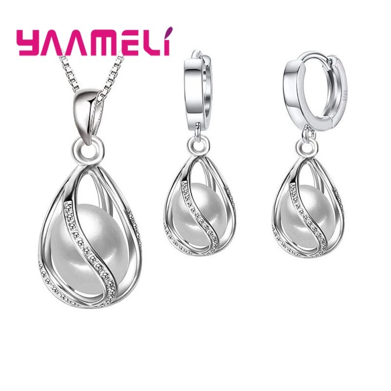 Elegante 925 Sterling Silber Geschenks chmuck Sets für Frauen weibliche rotierende Süßwasser perle Anhänger Halskette Huggie Ohrringe