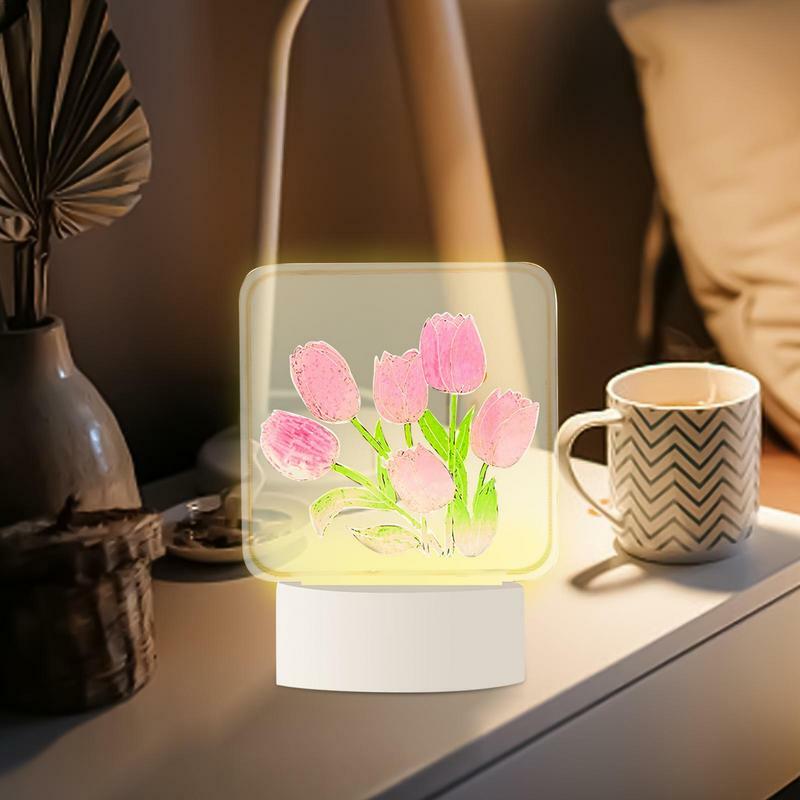 Lampu bunga Tulip DIY, peralatan rumah lampu malam cermin Tulip kerajinan tangan lampu meja tidur kamar tidur