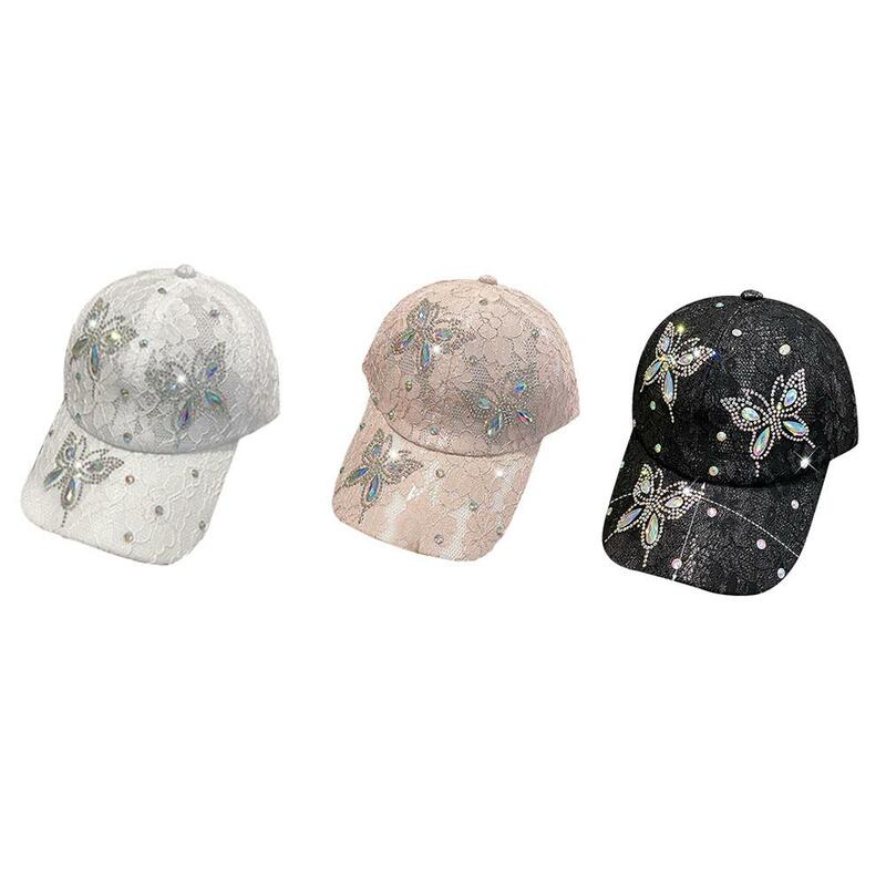 Gorras de béisbol con flores de encaje para mujer, sombrero de malla transpirable con diamantes de imitación de mariposa, Snapback, Hip Hop, a la moda, G S3D0