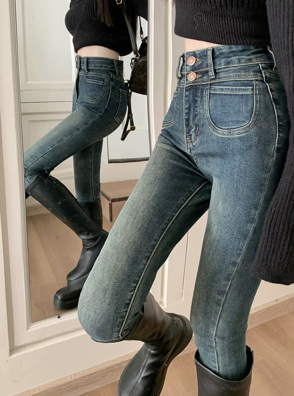 Calça jeans lápis elegante de cintura alta feminina, longa, fina, vintage, senhora