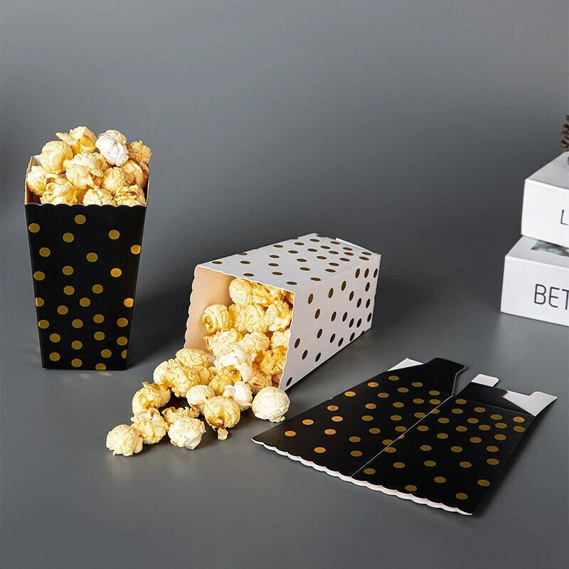 6pcs Paper Popcorn Box Black White Popcorn Paper Box Dot Pop Corn Candy Snack Box Wedding Party Kids Birthday Favor Supplies