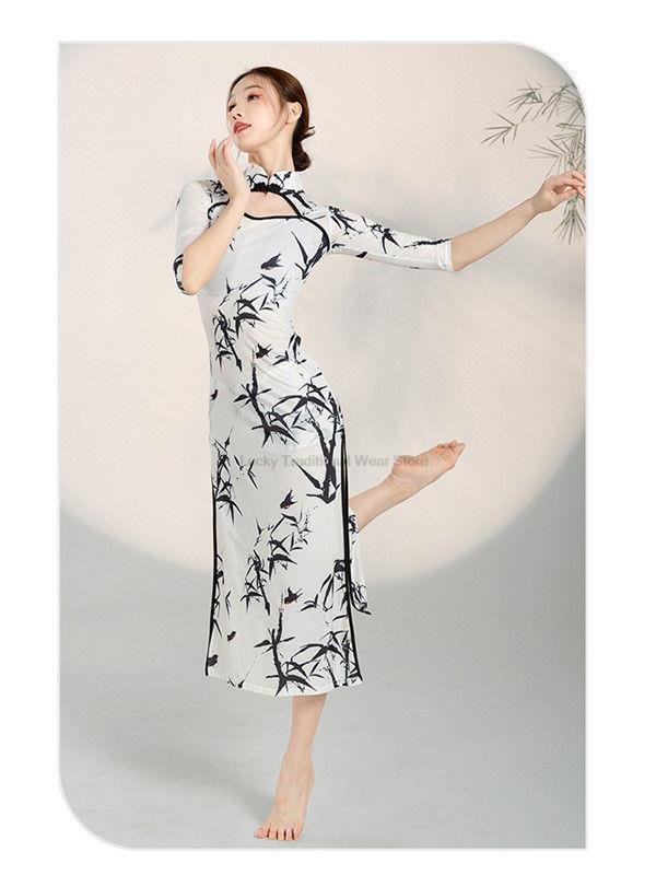 중국 고전 무용 개조 치파오, 빈티지 스타일, 연습 공연 유니폼, 4 분할 소매 드레스