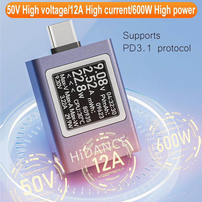HDC-085C DC 4,5-50V 0-12A PD3.1 Многофункциональный цифровой дисплей амперметр напряжения постоянного тока измеритель мощности Type-c зарядный тестер для сотового телефона
