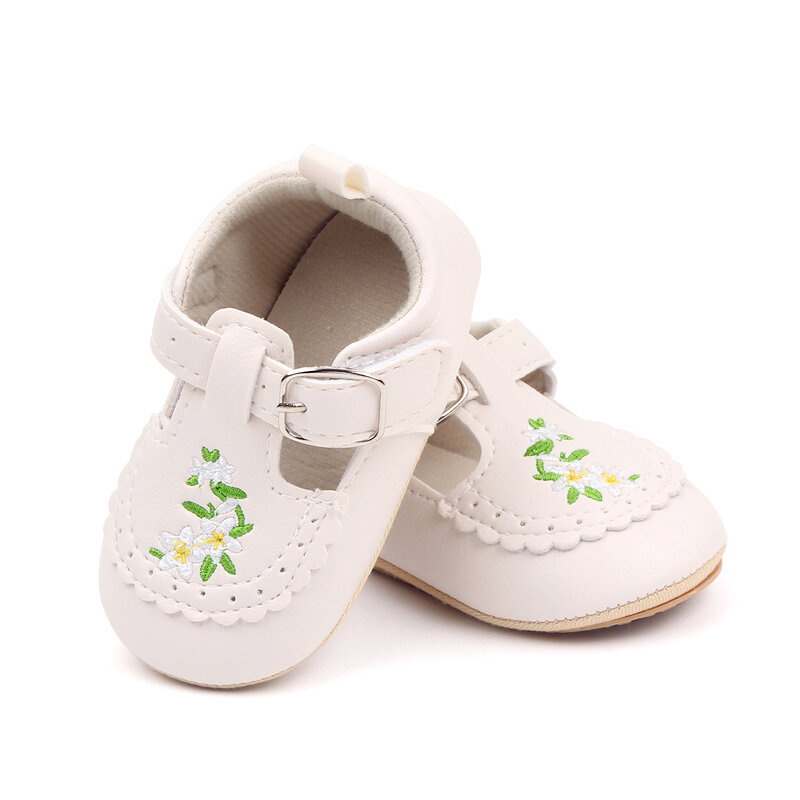 حذاء أميرات للفتيات الصغيرات ، جلد صناعي ناعم ، زهرة مطرزة ، حذاء طفل صغير ، أول مشاية