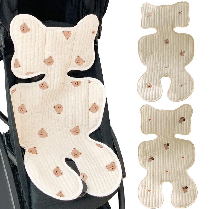 Poduszeczka do siedzenia do wózka dziecięcego poduszka niedźwiedź z haftem wszystkie sezony bawełniany oddychający wózek materac noworodek akcesoria do wózka dziecięcego