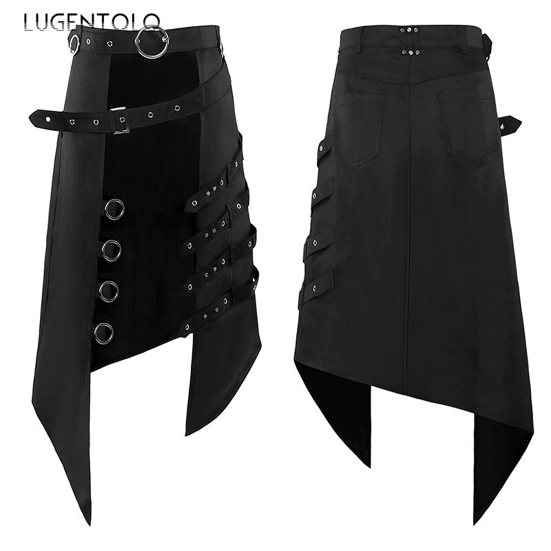 Lugentolo męska spódnica rockowa punkowa ciemny czarny parowa gotycka asymetryczna impreza z pierścieniem mężczyźni kobiety nowe modne spódnice w stylu Vintage