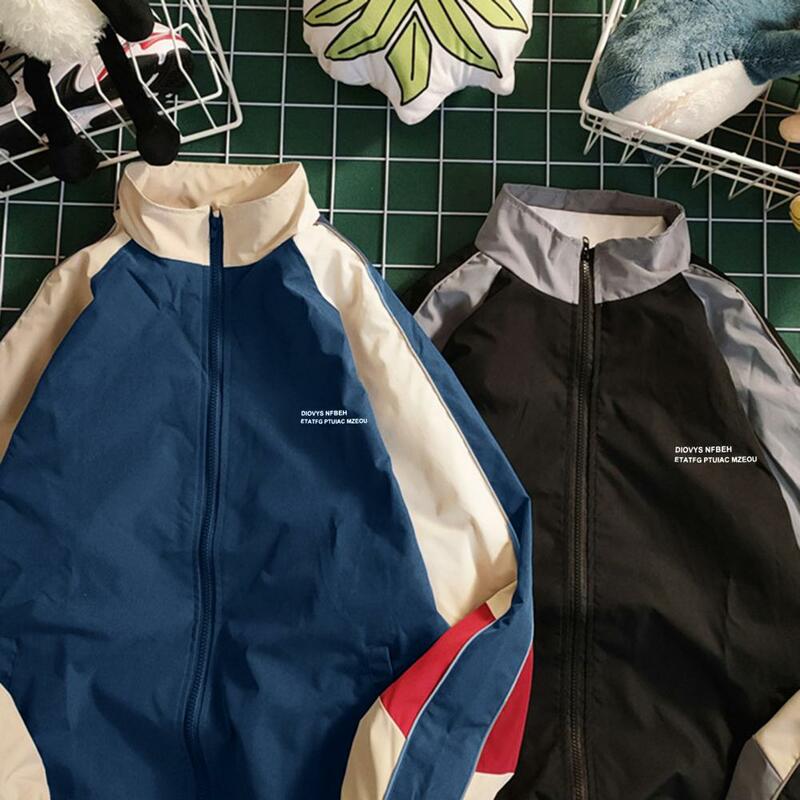 Men Jacket Vintage Color Block Men's Jacket with Zipper Closure Stand Collar for Spring Fall Windproof Streetwear Baseball Coat