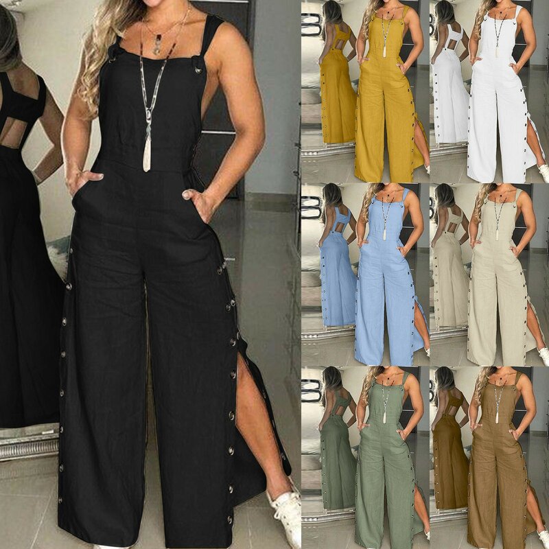 Plus Size Ladies Sexy Romper Jumpsuit Summer Sleeveless Twisted Knot Cotton Strappy Pants Button Openings Women'S Jumpsuits