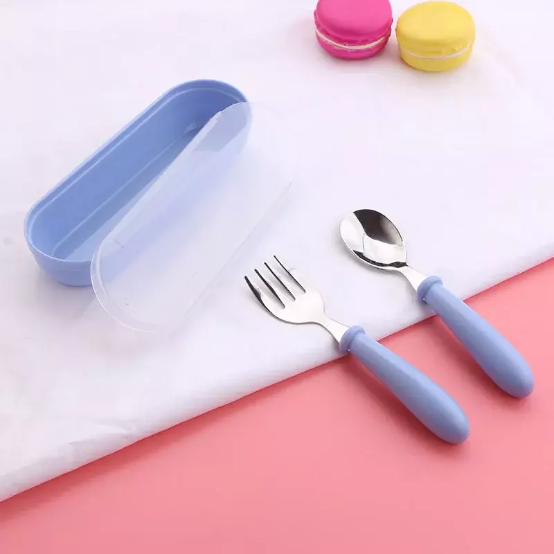 Peralatan makan bayi portabel anak-anak, 3 buah kotak garpu sendok anak-anak Stainless Steel sendok bayi sendok makan Set peralatan makan bayi