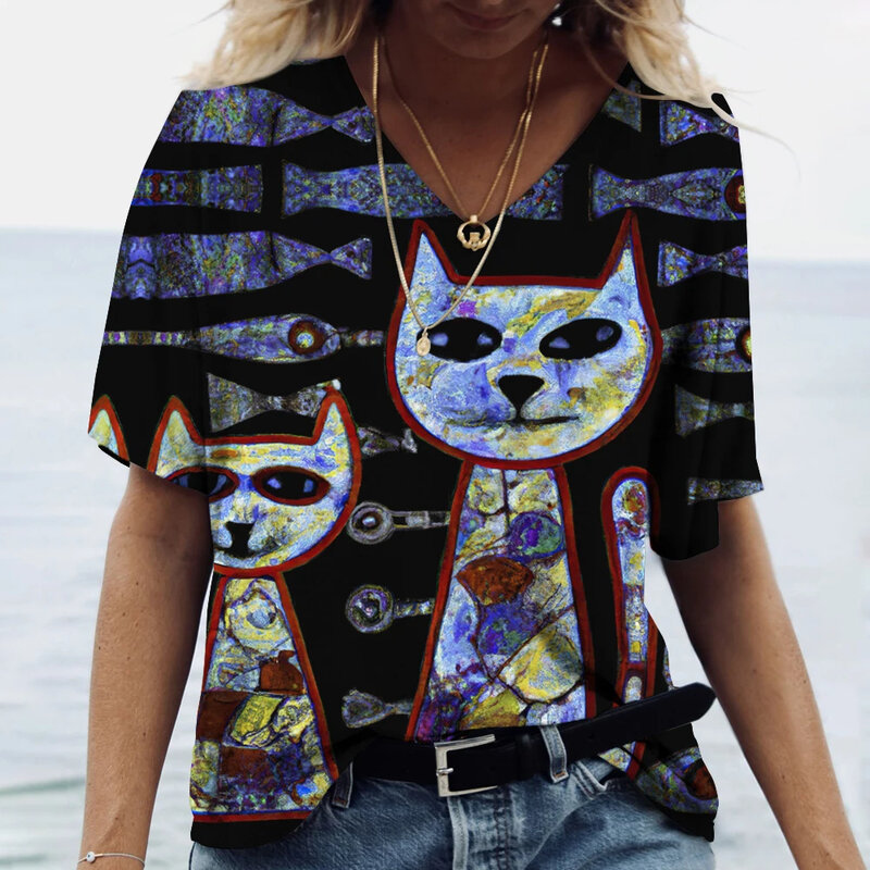 Neue Frauen T-Shirt 3D-Druck Katze Grafiken kawaii weibliche Kleidung lose V-Ausschnitt Kurzarm Tops Sommer lässig Mode T-Shirts
