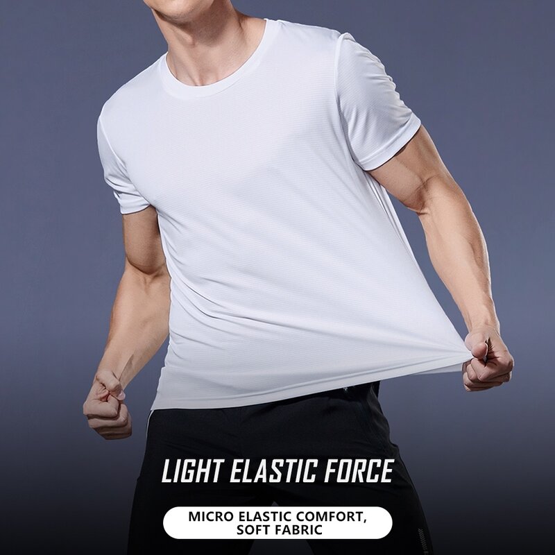 Camiseta masculina com gola redonda, manga curta, corrida, umidade wicking, treinamento, exercício, camisa esportiva de ginástica, tops leves