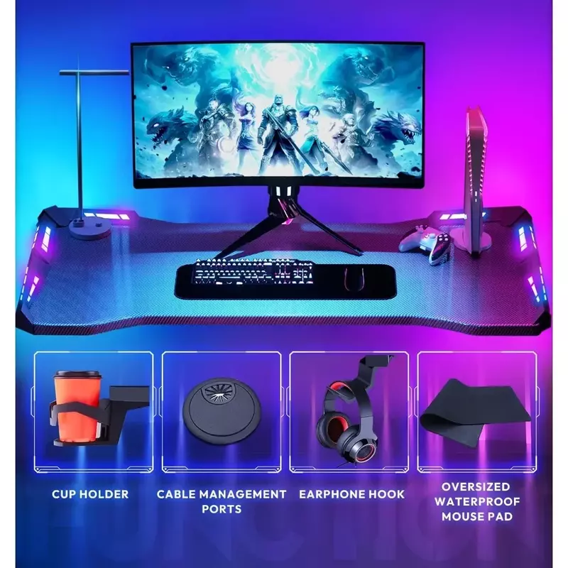 Meja game dengan lampu LED, Meja Komputer Gaming RGB dengan permukaan serat karbon, Meja rumah LED dengan remote kontrol