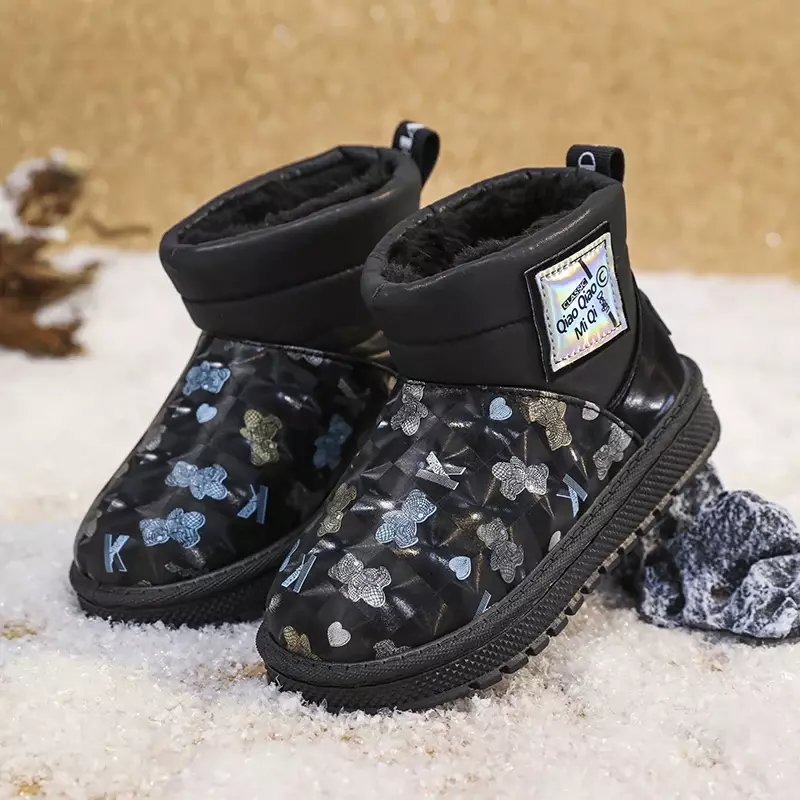 Детские зимние ботинки из хлопка на толстой подошве, теплые плюшевые уличные нескользящие легкие ботинки для девочек, простая Новая модная детская обувь