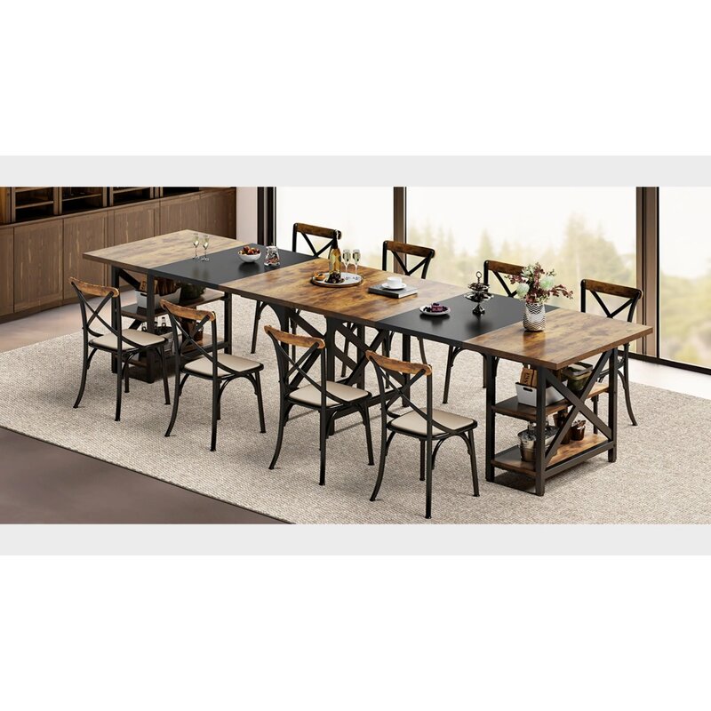 US  70'' Large Wood Metal Dining Table for 4-6 People Rectangular Wood Kitchen Table