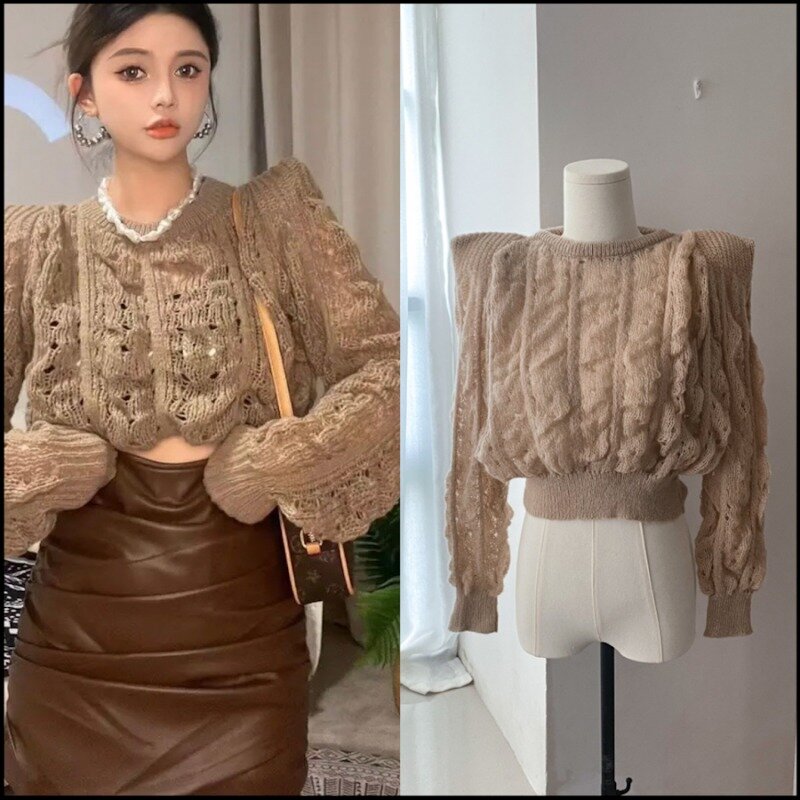 Korean Fashion Hollowed Out Shoulder Pad Design Sense Pullover for Women's Autumn New Long Sleeved Sweater Female Clothing