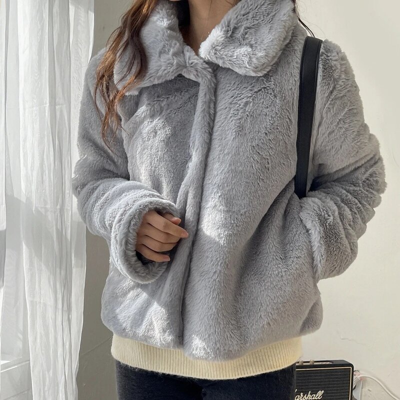 Женская осенне-зимняя куртка из искусственного меха с длинным рукавом Женская Повседневная однобортная однотонная пушистая теплая верхняя одежда